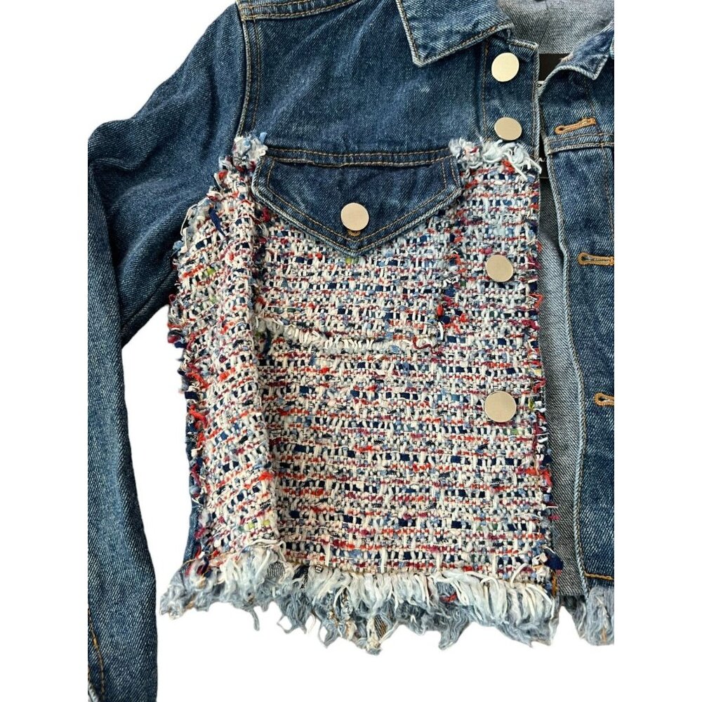 Fashion Nova Cropped Tweed Denim Jacket Skirt Set Raw Hem Size XS NWT - Picture 4 of 16